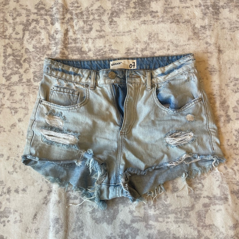 Garage Festival Distressed Denim Shorts - Light Blue